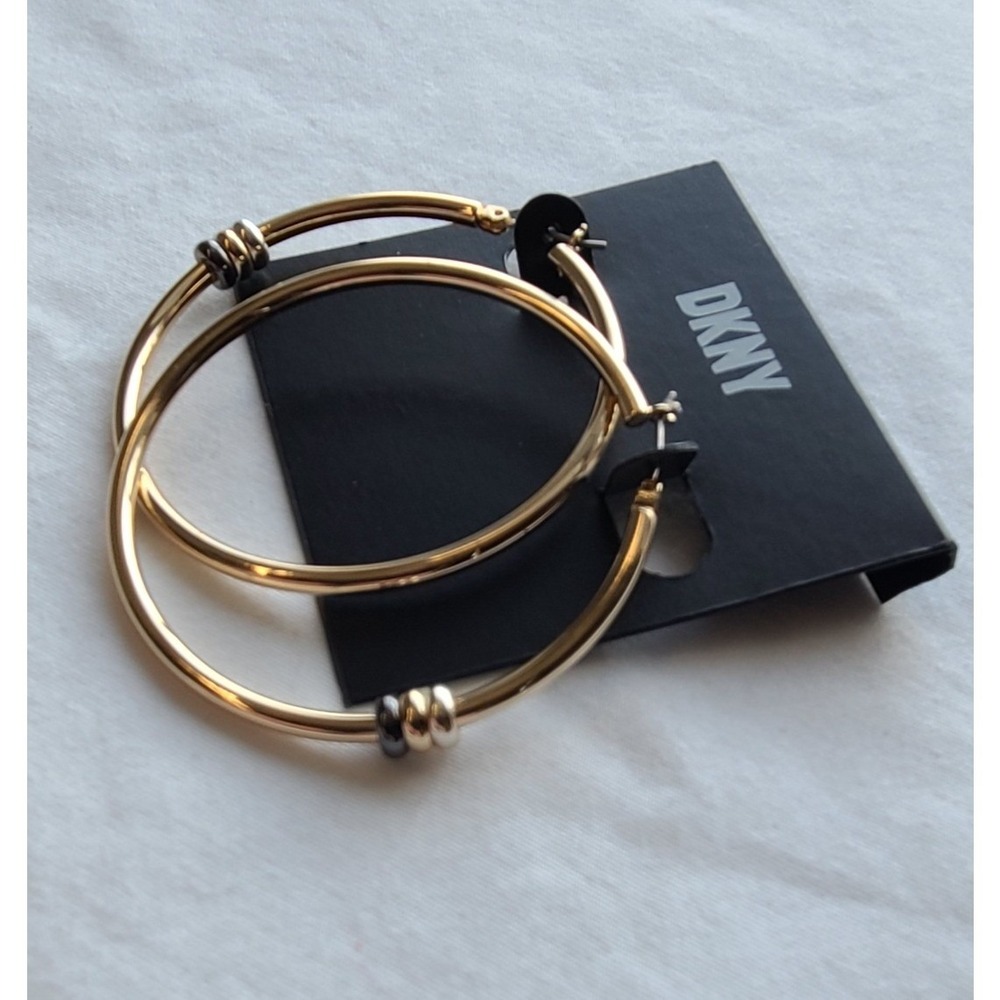 DKNY Gold Hoop Earrings With Triple Bead Accent‎ - Picture 2 of 3